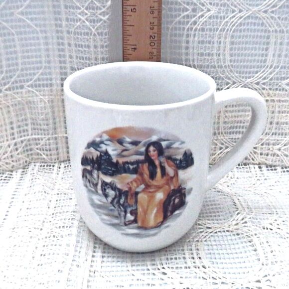 White Ceramic Coffee Mug with Serenity Prayer and Native American Girl Handmade - Picture 7 of 8